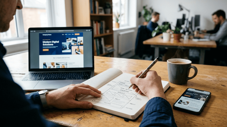 Designer hands sketching website