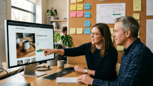 People collaborating at monitor