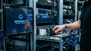 Technician backing up website data to secure server storage