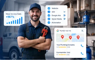Plumbing technician with service tools and a local search listing illustration.